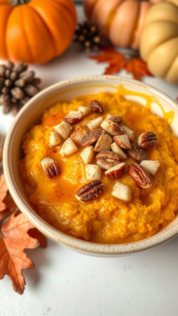 A bowl of creamy pumpkin oatmeal topped with nuts and maple syrup in a cozy kitchen.